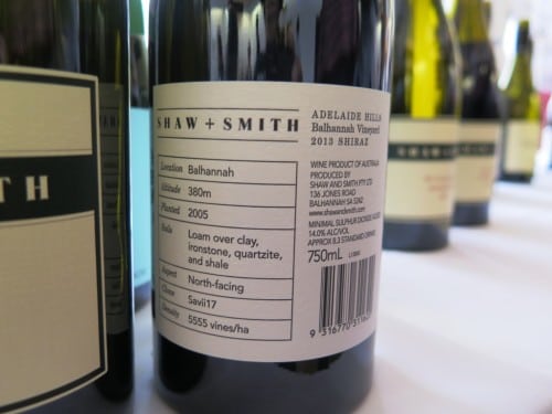 The back label of Shaw & Smith's new back of the winery single vineyard Shiraz